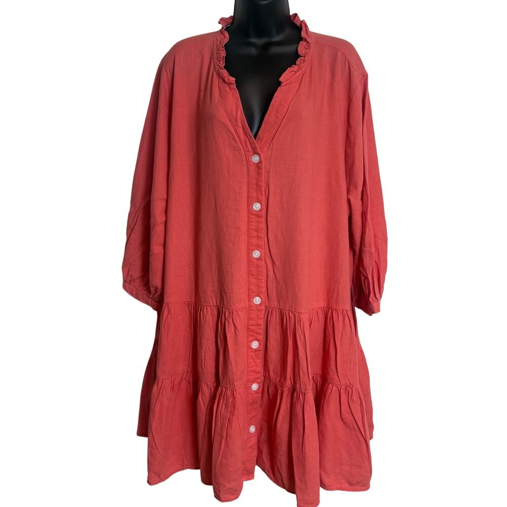 Tommy Hilfiger Women Tunic Dress Button Down Shift Long Sleeve Linen Ruffle EUC